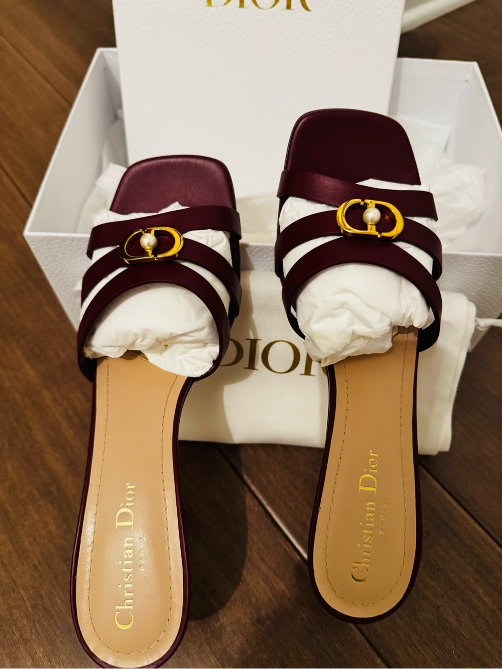 NWT Dior Burgundy Leather Slide Mules with Gold-Tone Pearl Accent - size 41